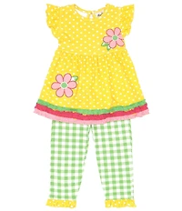 Rare Editions Little Girls Flutter Sleeve Dotted Knit Flower-Appliqued Dress & Checked Leggings Set