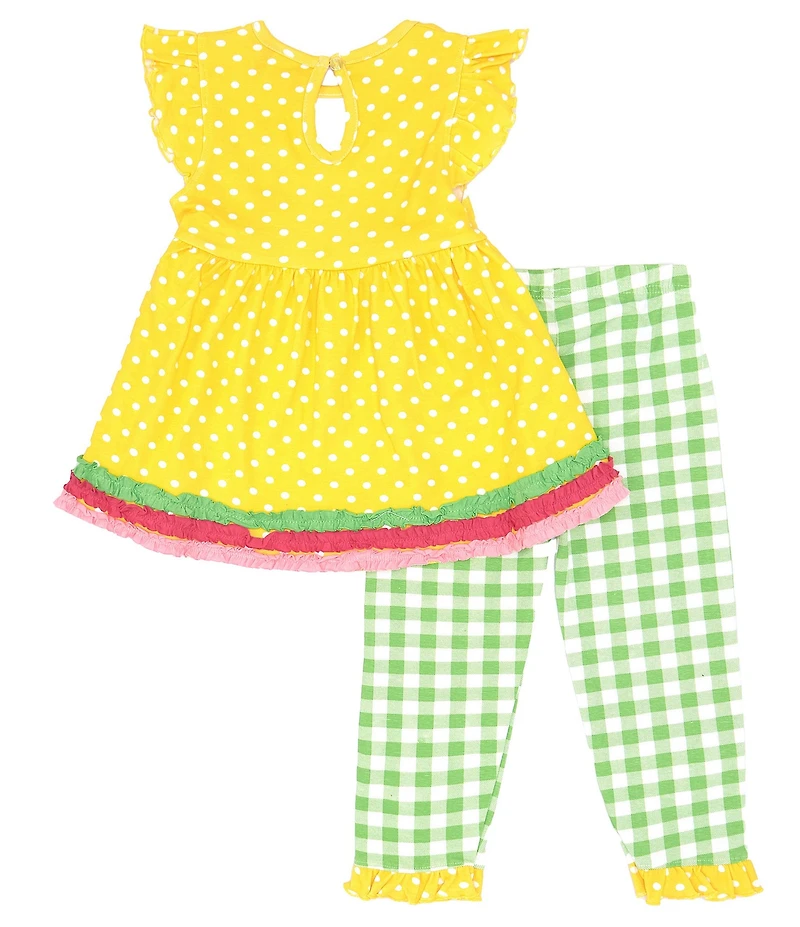 Rare Editions Little Girls Flutter Sleeve Dotted Knit Flower-Appliqued Dress & Checked Leggings Set