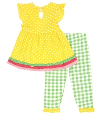 Rare Editions Little Girls Flutter Sleeve Dotted Knit Flower-Appliqued Dress & Checked Leggings Set