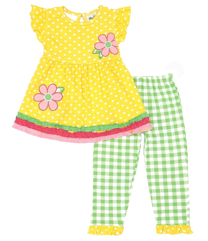 Rare Editions Little Girls Flutter Sleeve Dotted Knit Flower-Appliqued Dress & Checked Leggings Set