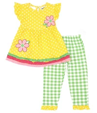 Rare Editions Little Girls Flutter Sleeve Dotted Knit Flower-Appliqued Dress & Checked Leggings Set