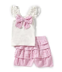 Rare Editions Little Girls Flutter-Sleeve Eyelet-Detailed Top & Mixed-Gingham-Checked Seersucker Shorts Set