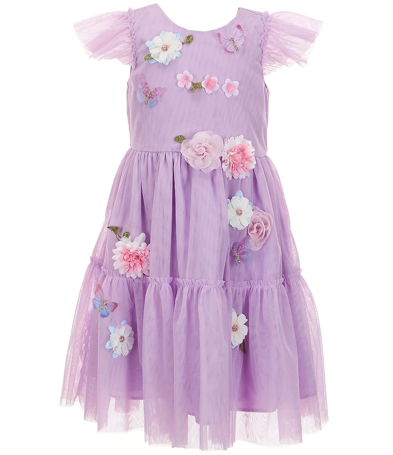 Rare Editions Little Girls Flutter-Sleeve 3D Floral/Butterfly-Appliqued Fit-And-Flare Dress