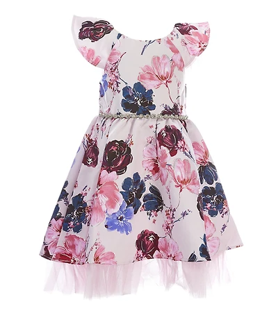 Rare Editions Little Girls Flutter-Sleeve Foiled-Floral Mikado Fit-And-Flare Dress