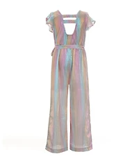 Rare Editions Little Girls Flutter-Sleeve Iridescent-Sparkle Jumpsuit