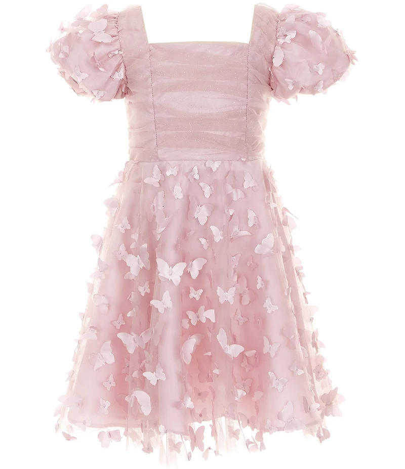 Rare Editions Little Girls Flutter-Sleeve Ruched-Bodice Butterfly-Appliqued Fit-And-Flare Dress