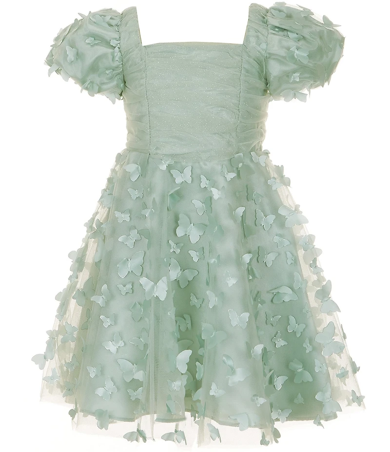 Rare Editions Little Girls Flutter-Sleeve Ruched-Bodice Butterfly-Appliqued Fit-And-Flare Dress