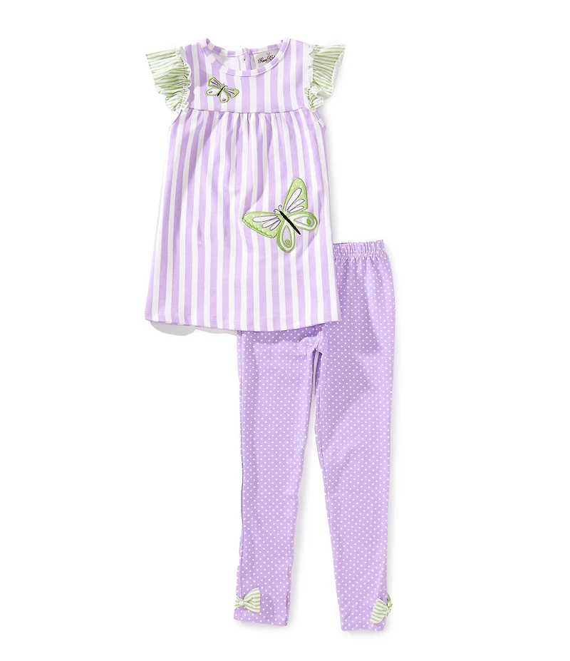 Rare Editions Little Girls Flutter-Sleeve Vertical-Striped Butterfly-Motif Tunic Top & Pindotted Leggings Set