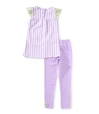 Rare Editions Little Girls Flutter-Sleeve Vertical-Striped Butterfly-Motif Tunic Top & Pindotted Leggings Set