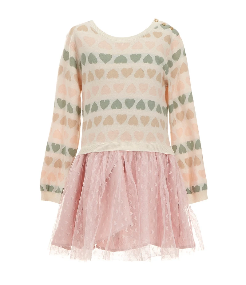 Rare Editions Little Girls Long Sleeve Heart-Patterned Sweater-Knit Bodice/Clip-Dot Mesh Skirted Popover Dress