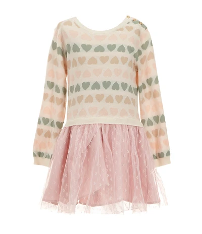 Rare Editions Little Girls Long Sleeve Heart-Patterned Sweater-Knit Bodice/Clip-Dot Mesh Skirted Popover Dress