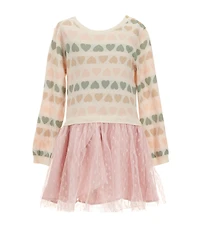 Rare Editions Little Girls Long Sleeve Heart-Patterned Sweater-Knit Bodice/Clip-Dot Mesh Skirted Popover Dress