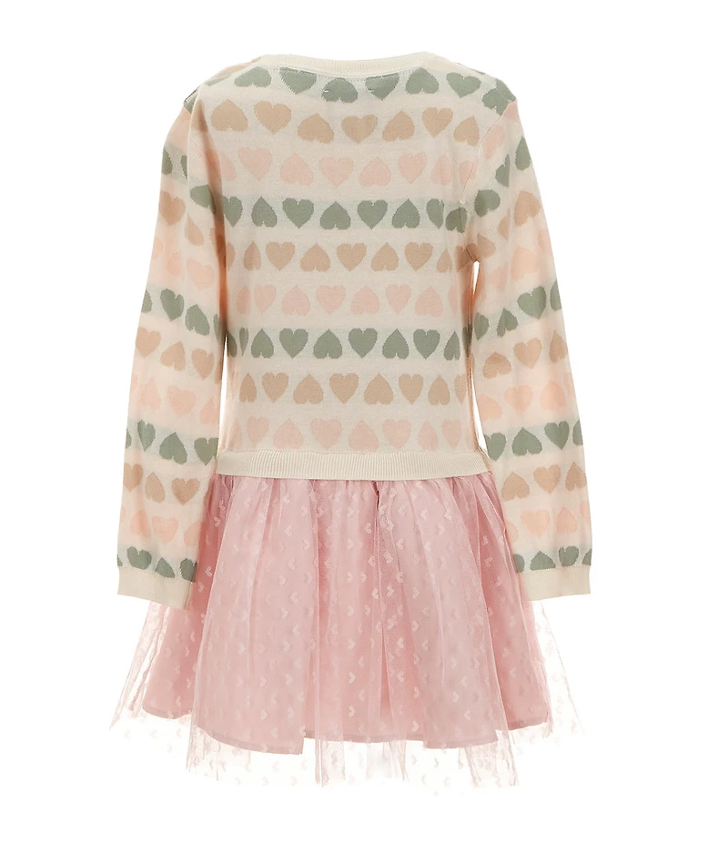 Rare Editions Little Girls Long Sleeve Heart-Patterned Sweater-Knit Bodice/Clip-Dot Mesh Skirted Popover Dress