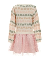 Rare Editions Little Girls Long Sleeve Heart-Patterned Sweater-Knit Bodice/Clip-Dot Mesh Skirted Popover Dress