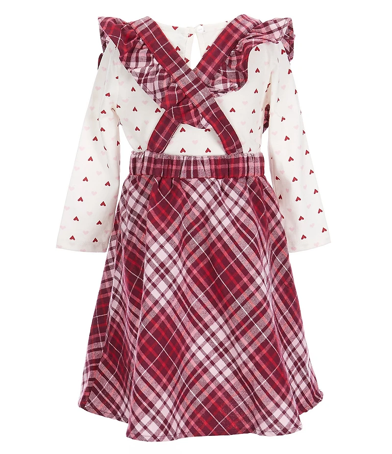 Rare Editions Little Girls Long-Sleeve Heart Printed Top With Plaid Fleece Jumper Dress