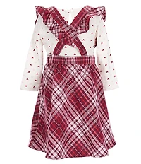 Rare Editions Little Girls Long-Sleeve Heart Printed Top With Plaid Fleece Jumper Dress