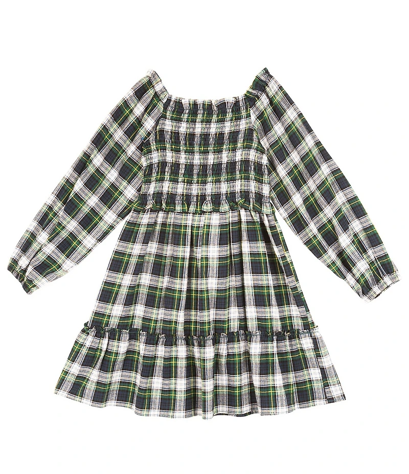 Rare Editions Little Girls Long Sleeve Twill Yarn Dye Plaid Smoked Bodice Dress