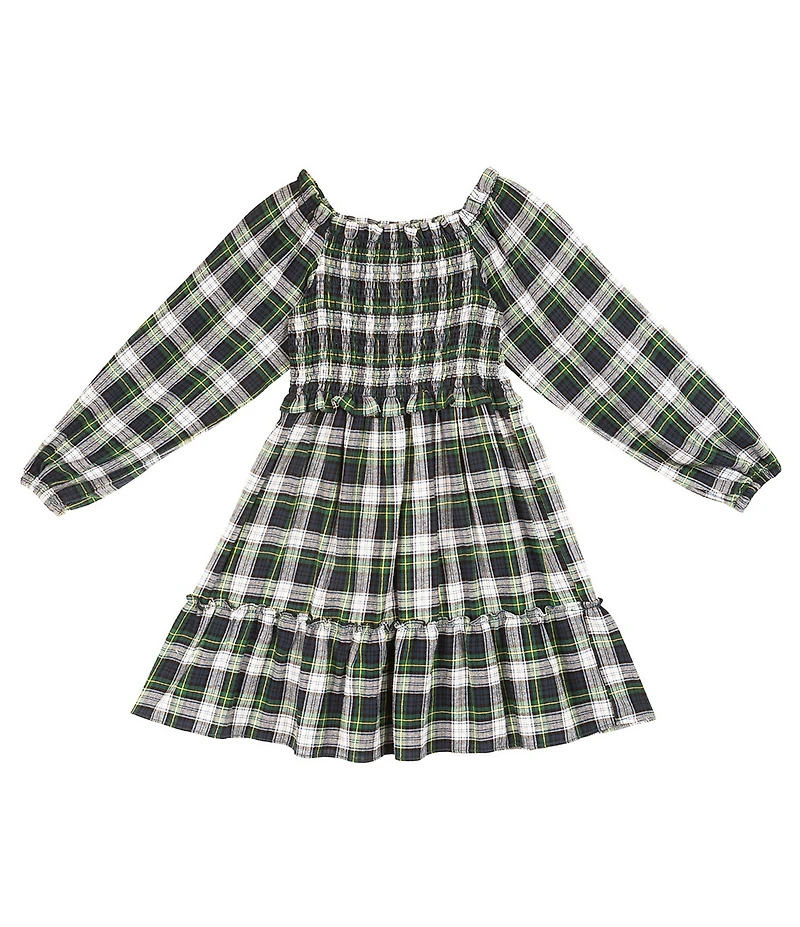 Rare Editions Little Girls Long Sleeve Twill Yarn Dye Plaid Smoked Bodice Dress