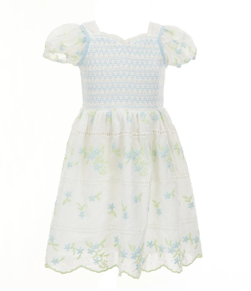 Rare Editions Little Girls Puffed-Sleeve Embroidered Clip-Dot Fit-And-Flare Dress