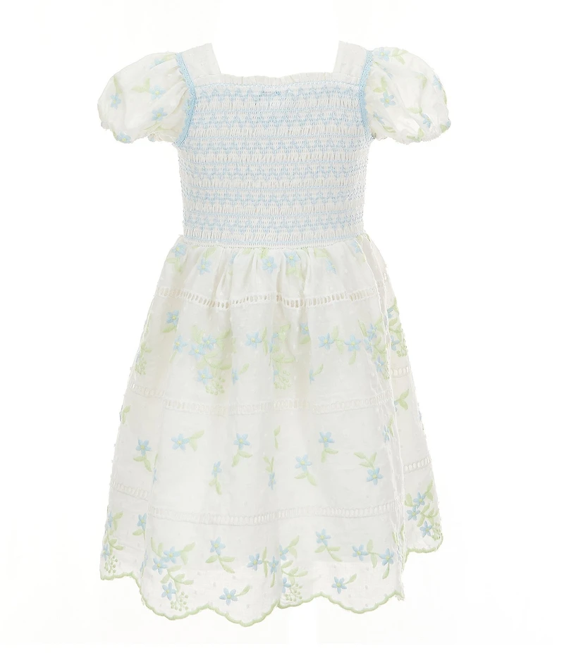 Rare Editions Little Girls Puffed-Sleeve Embroidered Clip-Dot Fit-And-Flare Dress