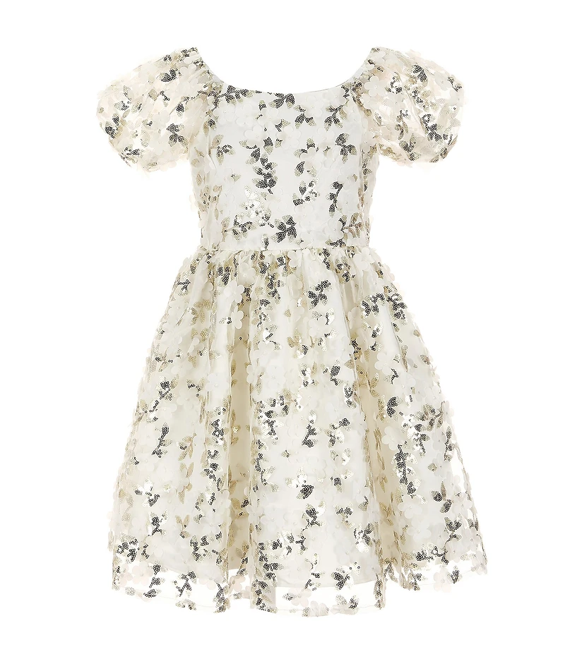 Rare Editions Little Girls Puffed Sleeve Sequin-Embellished Floral-Soutache Fit & Flare Dress