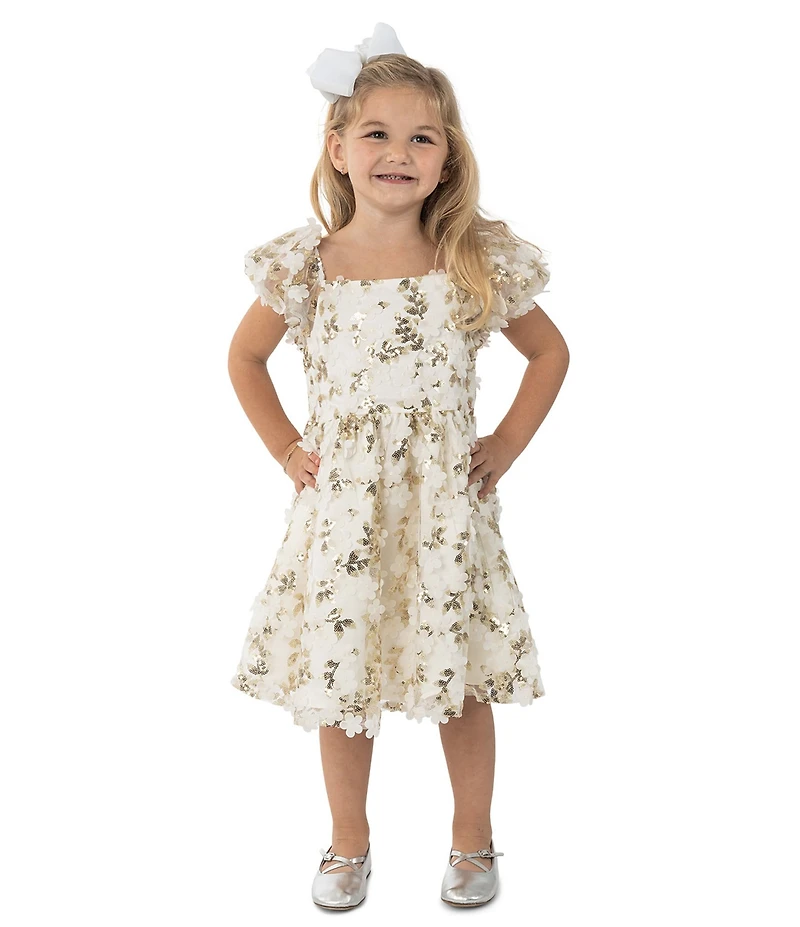 Rare Editions Little Girls Puffed Sleeve Sequin-Embellished Floral-Soutache Fit & Flare Dress