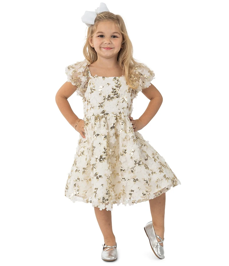 Rare Editions Little Girls Puffed Sleeve Sequin-Embellished Floral-Soutache Fit & Flare Dress