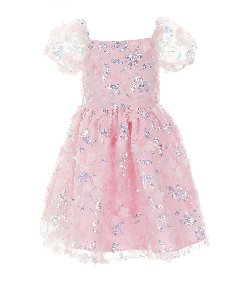 Rare Editions Little Girls Puffed Sleeve Sequin-Embellished Floral-Soutache Fit & Flare Dress