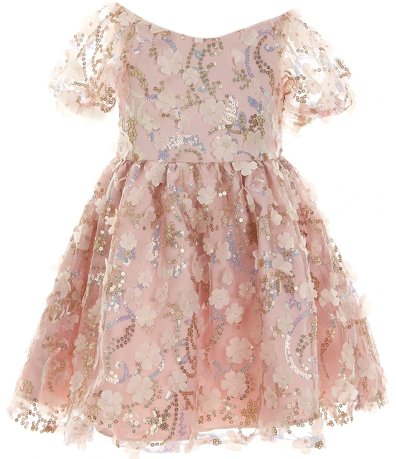 Rare Editions Little Girls Puffed Sleeve Sequin-Embellished Floral-Soutache Fit & Flare Dress