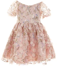 Rare Editions Little Girls Puffed Sleeve Sequin-Embellished Floral-Soutache Fit & Flare Dress