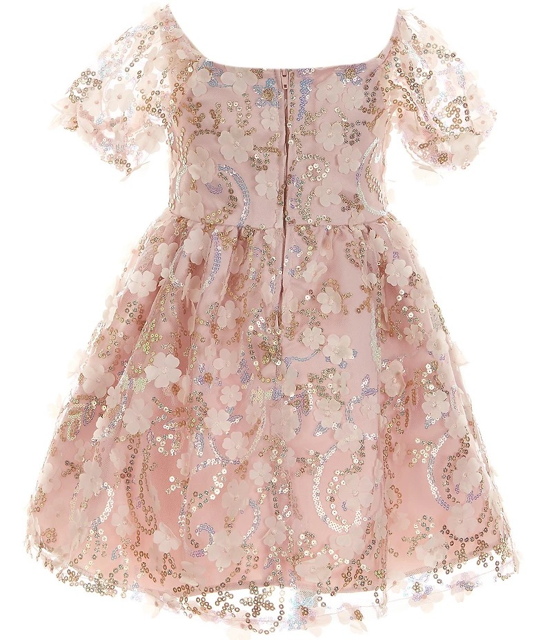 Rare Editions Little Girls Puffed Sleeve Sequin-Embellished Floral-Soutache Fit & Flare Dress