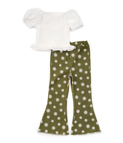 Rare Editions Little Girls Puffed Sleeve Solid Rib-Knit Top & Flower-Printed Flare Leg Leggings