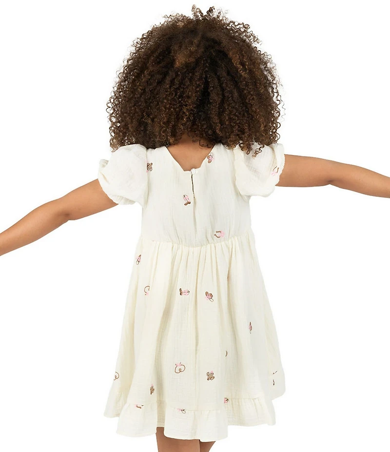 Rare Editions Little Girls Puffed-Sleeve Western-Inspired Embroidered Gauze Fit-And-Flare Dress