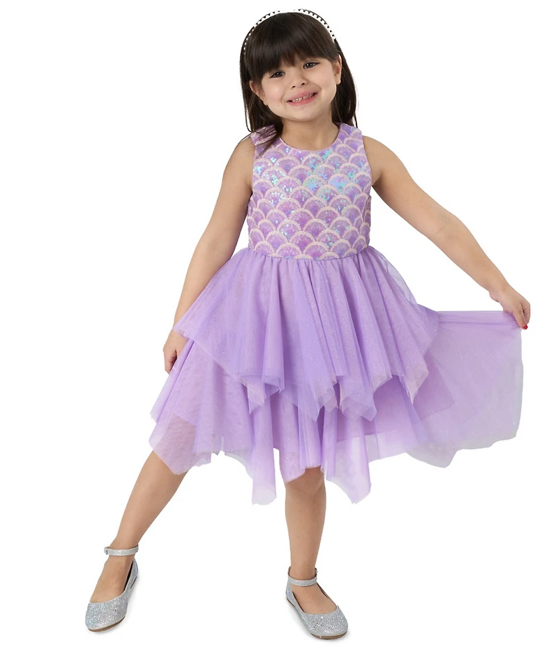 Rare Editions Little Girls Sequin-Embellished Soutache-Embroidered Bodice/Mesh Handkerchief-Hem Dress
