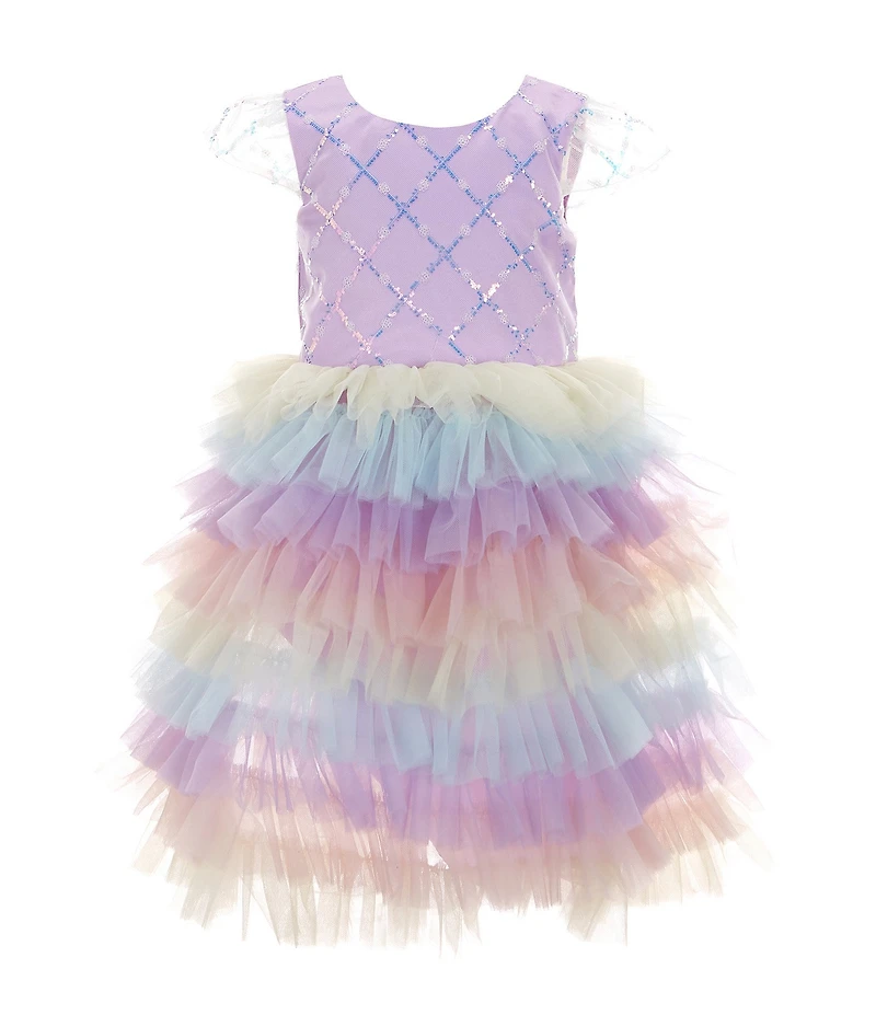 Rare Editions Little Girls Sequin-Embellished/Butterfly/Latticework Mesh Bodice/Rainbow Tulle-Skirted Fit & Flare Dress