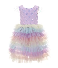 Rare Editions Little Girls Sequin-Embellished/Butterfly/Latticework Mesh Bodice/Rainbow Tulle-Skirted Fit & Flare Dress