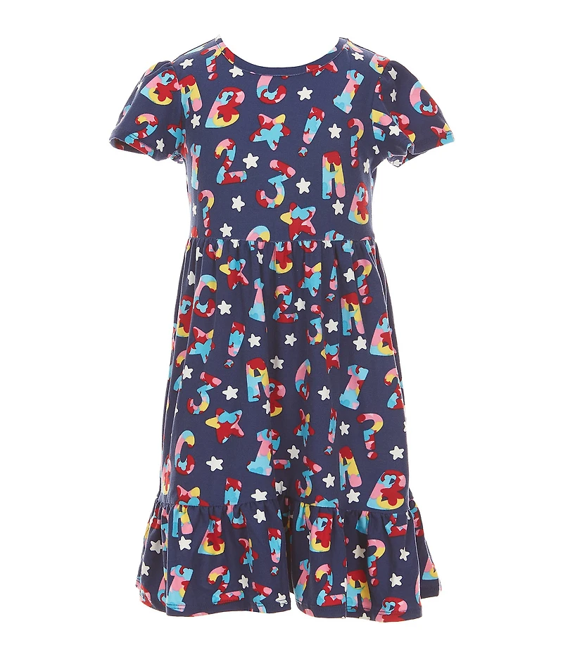Rare Editions Little Girls Short-Sleeve ABC Alphabet Dress & Long-Sleeve Striped/ABCD Alphabet Fit-And-Flare Dress Set