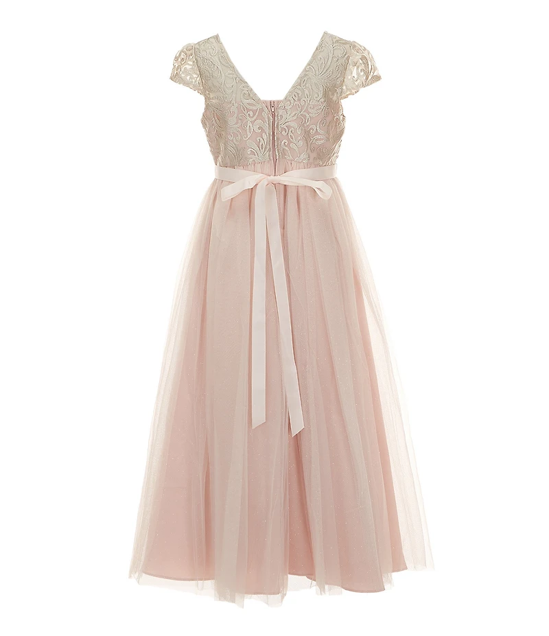 Rare Editions Little Girls Short Sleeve Embroidered/Mesh-Overlay-Skirted Long Dress