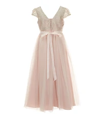 Rare Editions Little Girls Short Sleeve Embroidered/Mesh-Overlay-Skirted Long Dress