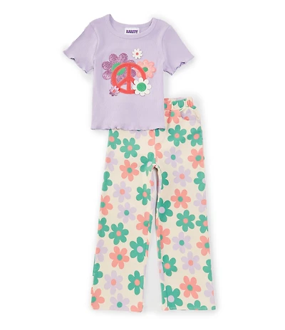 Rare Editions Little Girls Short Sleeve Peace Sign/Floral Graphic Knit T-Shirt & Flower-Printed Twill Pant Set