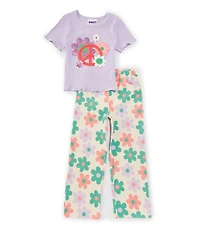 Rare Editions Little Girls Short Sleeve Peace Sign/Floral Graphic Knit T-Shirt & Flower-Printed Twill Pant Set