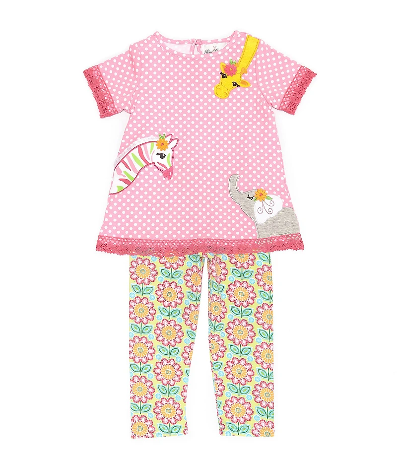 Rare Editions Little Girls Short Sleeve Pindotted/Animal-Appliqued Tunic Top & Printed Leggings Set