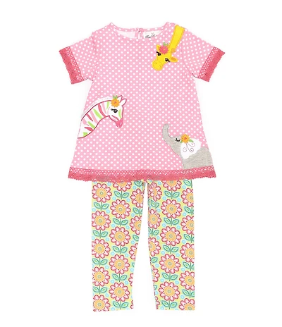 Rare Editions Little Girls Short Sleeve Pindotted/Animal-Appliqued Tunic Top & Printed Leggings Set
