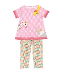 Rare Editions Little Girls Short Sleeve Pindotted/Animal-Appliqued Tunic Top & Printed Leggings Set
