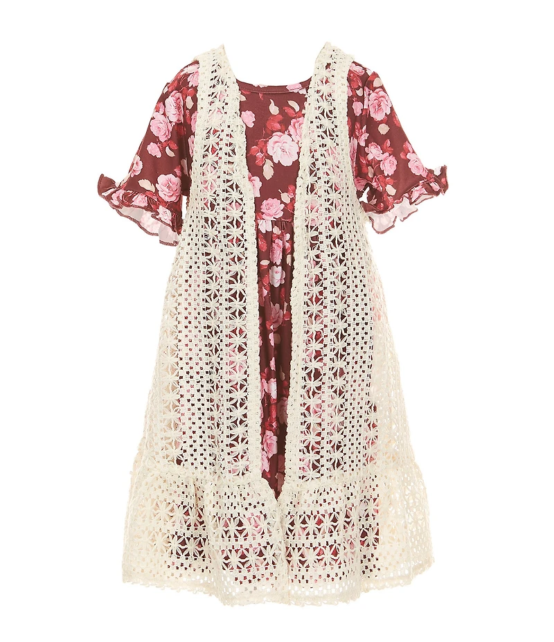 Rare Editions Little Girls Sleeveless Crocheted Cardigan & Short-Sleeve Floral-Printed Fit-And-Flare Dress Set