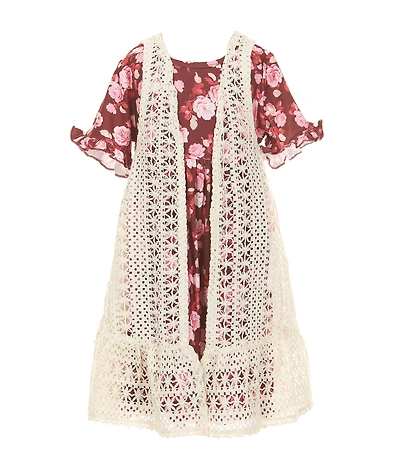 Rare Editions Little Girls Sleeveless Crocheted Cardigan & Short-Sleeve Floral-Printed Fit-And-Flare Dress Set