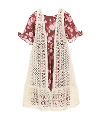 Rare Editions Little Girls Sleeveless Crocheted Cardigan & Short-Sleeve Floral-Printed Fit-And-Flare Dress Set