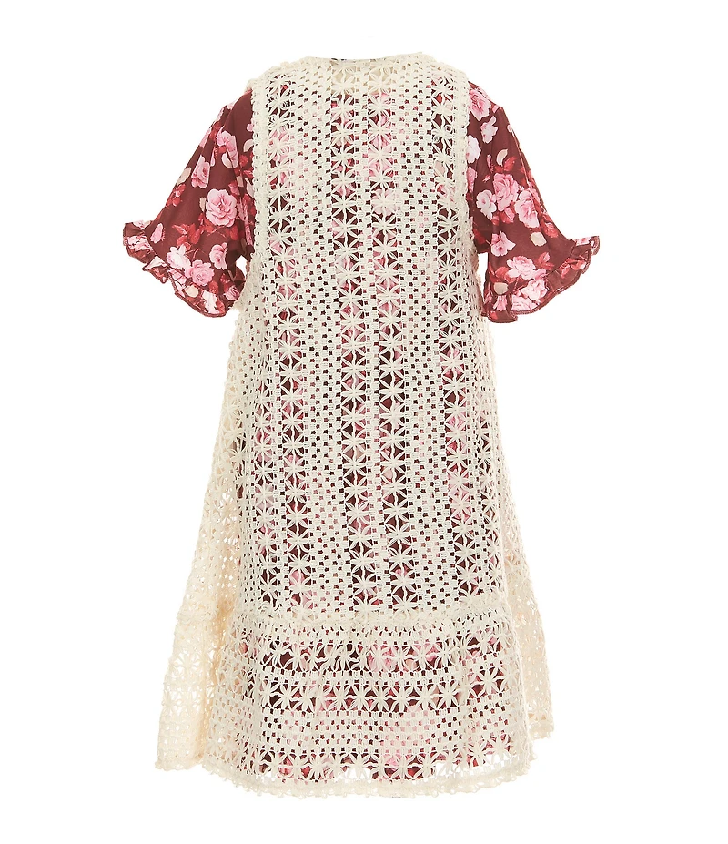 Rare Editions Little Girls Sleeveless Crocheted Cardigan & Short-Sleeve Floral-Printed Fit-And-Flare Dress Set