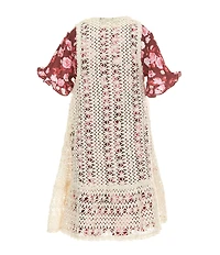 Rare Editions Little Girls Sleeveless Crocheted Cardigan & Short-Sleeve Floral-Printed Fit-And-Flare Dress Set
