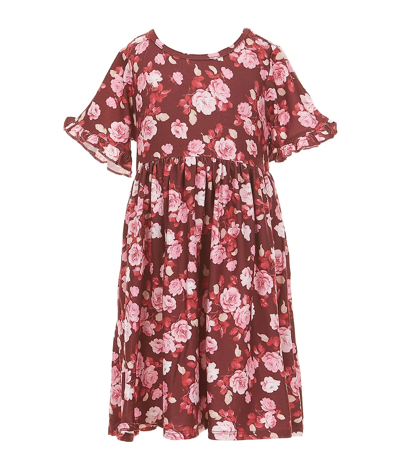 Rare Editions Little Girls Sleeveless Crocheted Cardigan & Short-Sleeve Floral-Printed Fit-And-Flare Dress Set